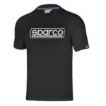 Black Sparco racing T-shirt with white logo, designed for motorsport enthusiasts and racewear fans.