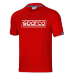 Red Sparco racewear T-shirt with white logo, ideal for motorsport enthusiasts and racing events.