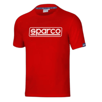 Red Sparco racewear T-shirt with white logo, ideal for motorsport enthusiasts and racing events.