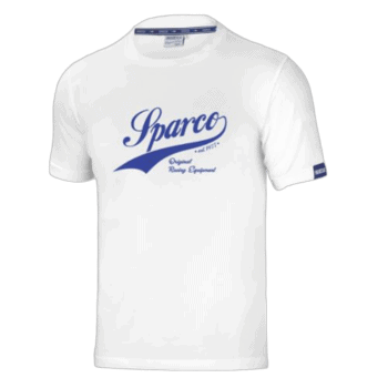 White Grand Prix Racewear T-shirt with Sparco logo in blue, designed for motorsport enthusiasts and racers.