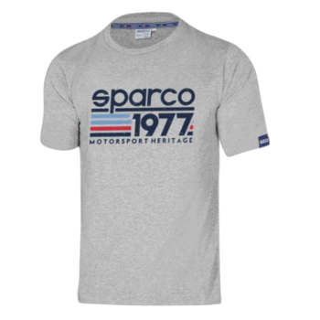 Grey Sparco T-shirt with 1977 Motorsport Heritage logo and colourful stripes, ideal for racing enthusiasts and motorsport fans.