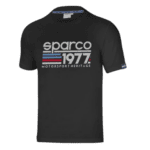 Black Sparco T-shirt with 1977 Motorsport Heritage logo and colourful stripes, ideal for racing enthusiasts.