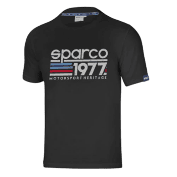 Black Sparco T-shirt with 1977 Motorsport Heritage logo and colourful stripes, ideal for racing fans and motorsport enthusiasts.