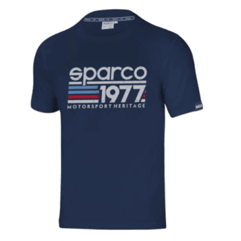 Blue Sparco racewear T-shirt with 1977 Motorsport Heritage logo, ideal for motorsport enthusiasts and racewear fans.