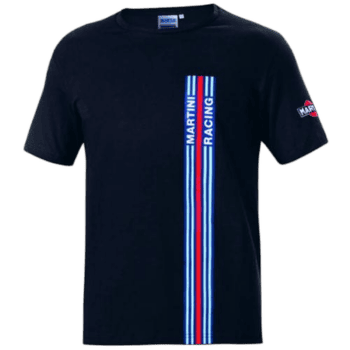 Black Grand Prix Racewear T-shirt with Martini Racing stripes and logo, ideal for motorsport fans and racing enthusiasts.