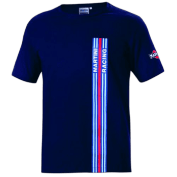 Grand Prix Racewear T-shirt featuring Martini Racing stripes and logo, ideal for motorsport fans and racing enthusiasts.