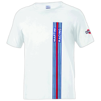 White Grand Prix Racewear T-shirt with blue and red racing stripes and 'Martini Racing' logo, ideal for motorsport fans and racing enthusiasts.