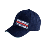 Navy blue racing cap with 'Smartini Racing' embroidered logo, featuring red, white, and blue stripes, on a dark background.