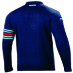 Blue Grand Prix Racewear racing jacket with red, white, and blue stripes on the sleeve, designed for motorsport enthusiasts and professionals.
