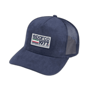 Blue racing cap with Sparco 1977 logo, mesh back, and curved brim, ideal for motorsport enthusiasts and racewear fans.