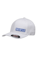 White Sparco racing cap with blue logo, ideal for motorsport enthusiasts and racewear fans.