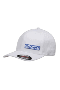 White Sparco racing cap with blue logo, ideal for motorsport enthusiasts and racewear fans.