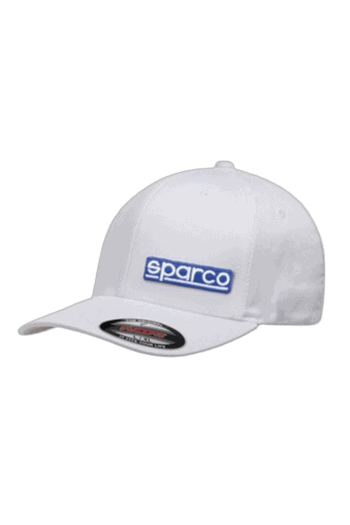 White Sparco racing cap with blue logo, ideal for motorsport enthusiasts and racewear fans.