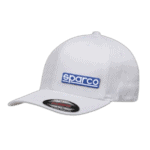 White Sparco cap with blue logo, ideal for motorsport enthusiasts and racewear fans.