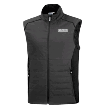 Grand Prix Racewear black and grey racing vest with zip closure and Sportec logo, designed for motorsport safety and performance.