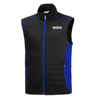 Black and blue Grand Prix Racewear racing vest with zip closure and high collar, designed for motorsport safety and comfort.