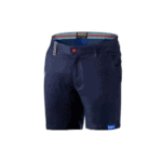Men's navy blue racing shorts with red button and striped waistband, ideal for motorsport enthusiasts and racewear fans.