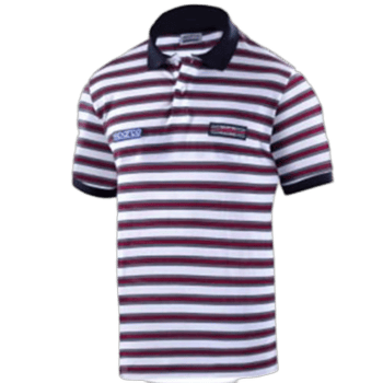 Striped Grand Prix Racewear polo shirt with black collar and sleeve cuffs, featuring branding patches for motorsport enthusiasts.