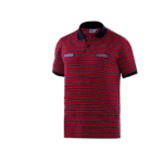 Red and black striped Grand Prix Racewear polo shirt with sponsor logos, ideal for motorsport enthusiasts.