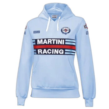 Light blue Martini Racing hoodie with racing logos and sponsor patches, ideal for motorsport fans and racing enthusiasts.