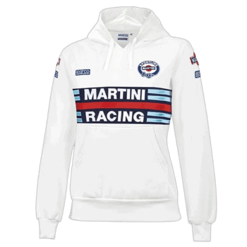White racing hoodie featuring Martini Racing logo and sponsor patches, ideal for motorsport fans and racing enthusiasts.