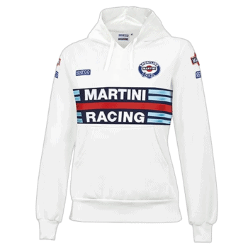White racing hoodie featuring Martini Racing logo and sponsor patches, ideal for motorsport fans and racing enthusiasts.