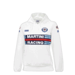 Grand Prix Racewear white hoodie featuring Martini Racing logo and stripes, ideal for motorsport fans and racing enthusiasts.