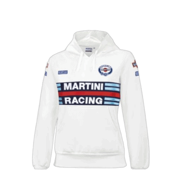 Grand Prix Racewear white hoodie featuring Martini Racing logo and stripes, ideal for motorsport fans and racing enthusiasts.