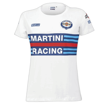 White racing T-shirt featuring Martini Racing and Sparco logos, with blue and red stripes, designed for motorsport enthusiasts.