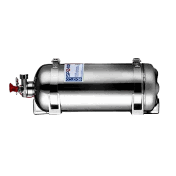 Stainless steel racing fuel tank with safety valve and mounting brackets for motorsport applications.
