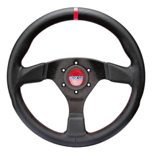 High-performance Sparco racing steering wheel with carbon fibre finish and red centre marker, ideal for motorsport enthusiasts.