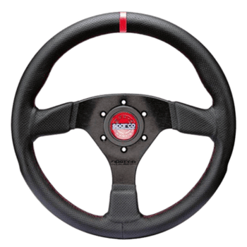 High-performance Sparco racing steering wheel with carbon fibre finish and red centre marker, ideal for motorsport enthusiasts.