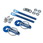 Race car safety equipment including blue tow hooks, digital gauges, and hardware components for Grand Prix racing.