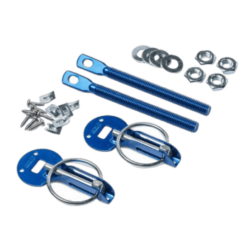 Race car safety equipment including blue tow hooks, digital gauges, and hardware components for Grand Prix racing.