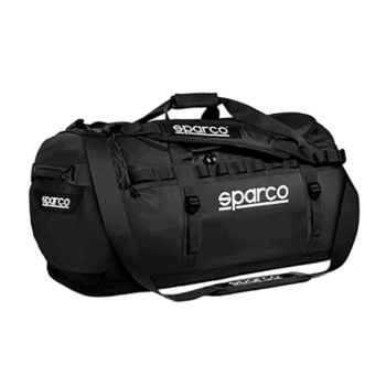 Black Sparco racing gear bag with multiple compartments and adjustable straps, ideal for motorsport enthusiasts and professional racers.