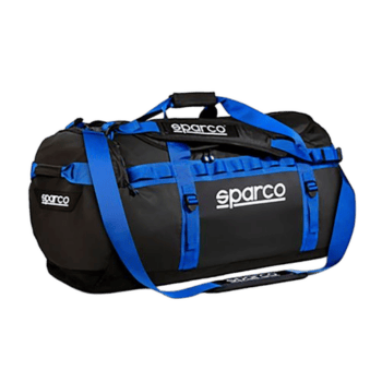 Sparco racing gear bag in black and blue with multiple compartments, ideal for motorsport enthusiasts and racewear storage.