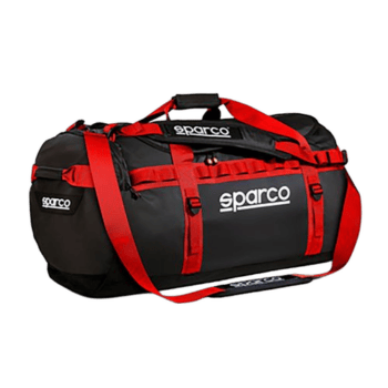 Red and black Sparco racing gear bag with multiple compartments and straps, ideal for motorsport enthusiasts and racewear storage.