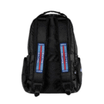 Black Grand Prix Racewear backpack with racing stripe design and adjustable straps on a black background.