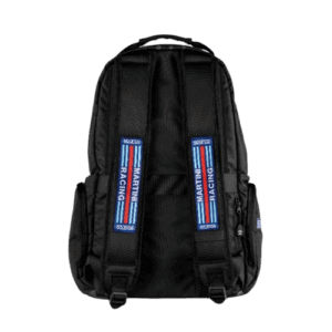 Black Grand Prix Racewear backpack with racing stripe design and adjustable straps on a black background.
