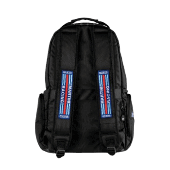 Black Grand Prix Racewear backpack with racing stripe design and adjustable straps on a black background.