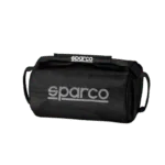 Black Sparco racing gear bag with handle and logo, ideal for motorsport enthusiasts and racewear storage.