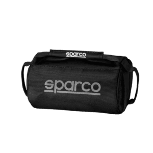 Black Sparco racing gear bag with handle and logo, ideal for motorsport enthusiasts and racewear storage.
