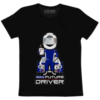 Black T-shirt featuring a cartoon racing driver in a blue suit and helmet, standing in front of a race car with the text 'Future Driver' for motorsport enthusiasts.