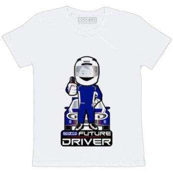 Grand Prix Racewear T-shirt featuring a cartoon driver in racing gear with a race car, ideal for motorsport fans and racers.