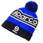 Blue and black Sparco racing beanie hat with pom-pom, ideal for motorsport enthusiasts and racewear fans.