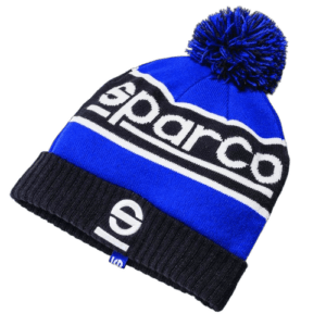Blue and black Sparco racing beanie hat with pom-pom, ideal for motorsport enthusiasts and racewear fans.