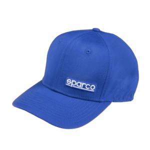 Blue Sparco racing cap with adjustable strap and embroidered logo, ideal for motorsport enthusiasts and racewear fans.