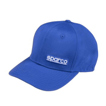 Blue Sparco racing cap with adjustable strap and embroidered logo, ideal for motorsport enthusiasts and racewear fans.