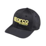 Black Sparco cap with yellow embroidered logo and 'Next Generation' text, designed for motorsport enthusiasts.