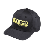 Black Sparco cap with yellow logo and 'Next Generation' text, ideal for motorsport enthusiasts.